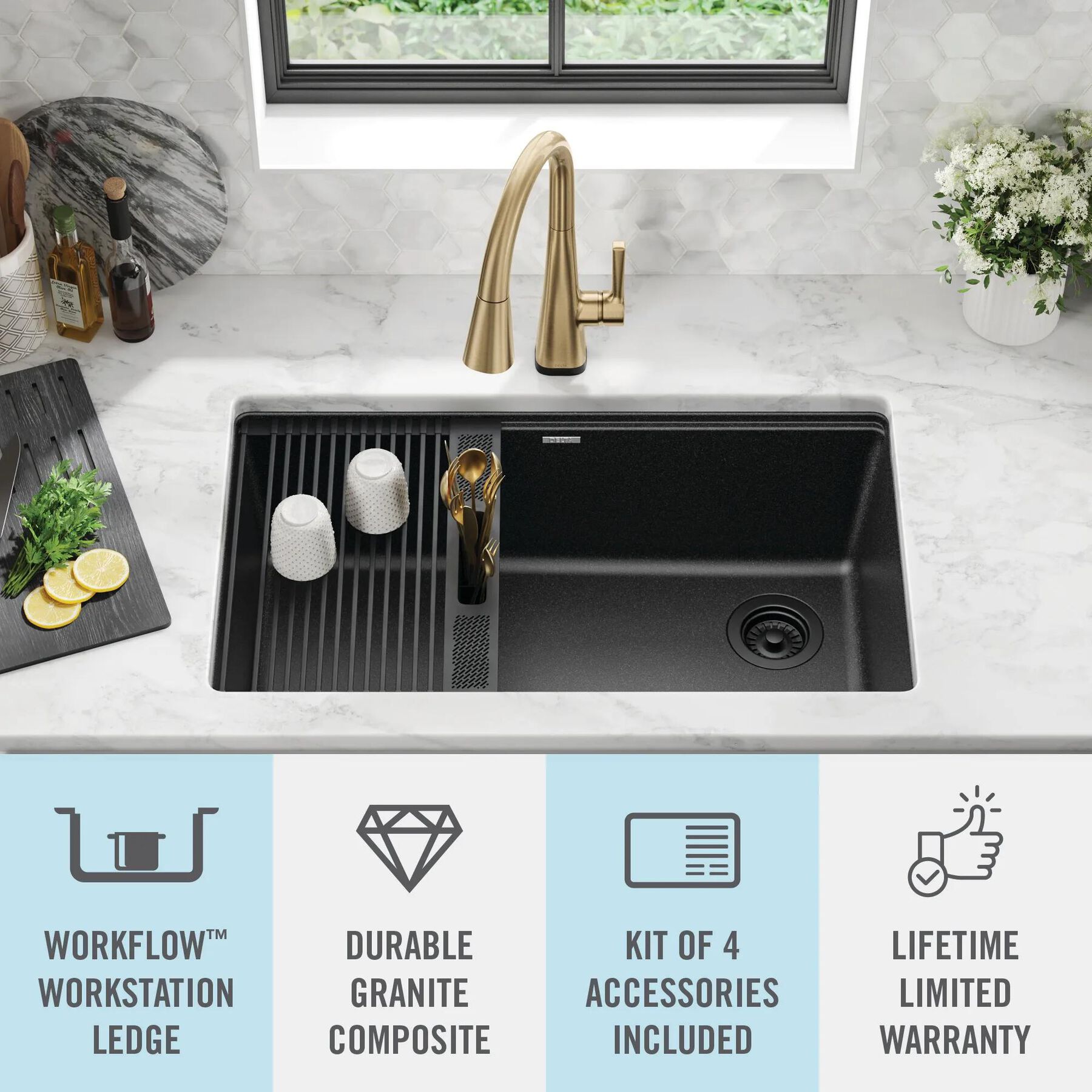32&rdquo; Granite Composite Workstation Kitchen Sink Undermount Single Bowl with WorkFlow&trade; Ledge and Accessories